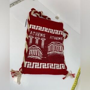 VINTAGE RED ATHENS GREECE DOUBLE SIDED TOTE WOVEN BAG SOUVENIR